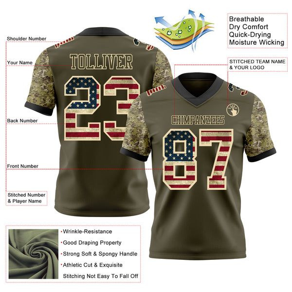 Custom Olive Vintage USA Flag-Cream Authentic Camo Two Tone Salute To Service 7V7 Flag Football Jersey