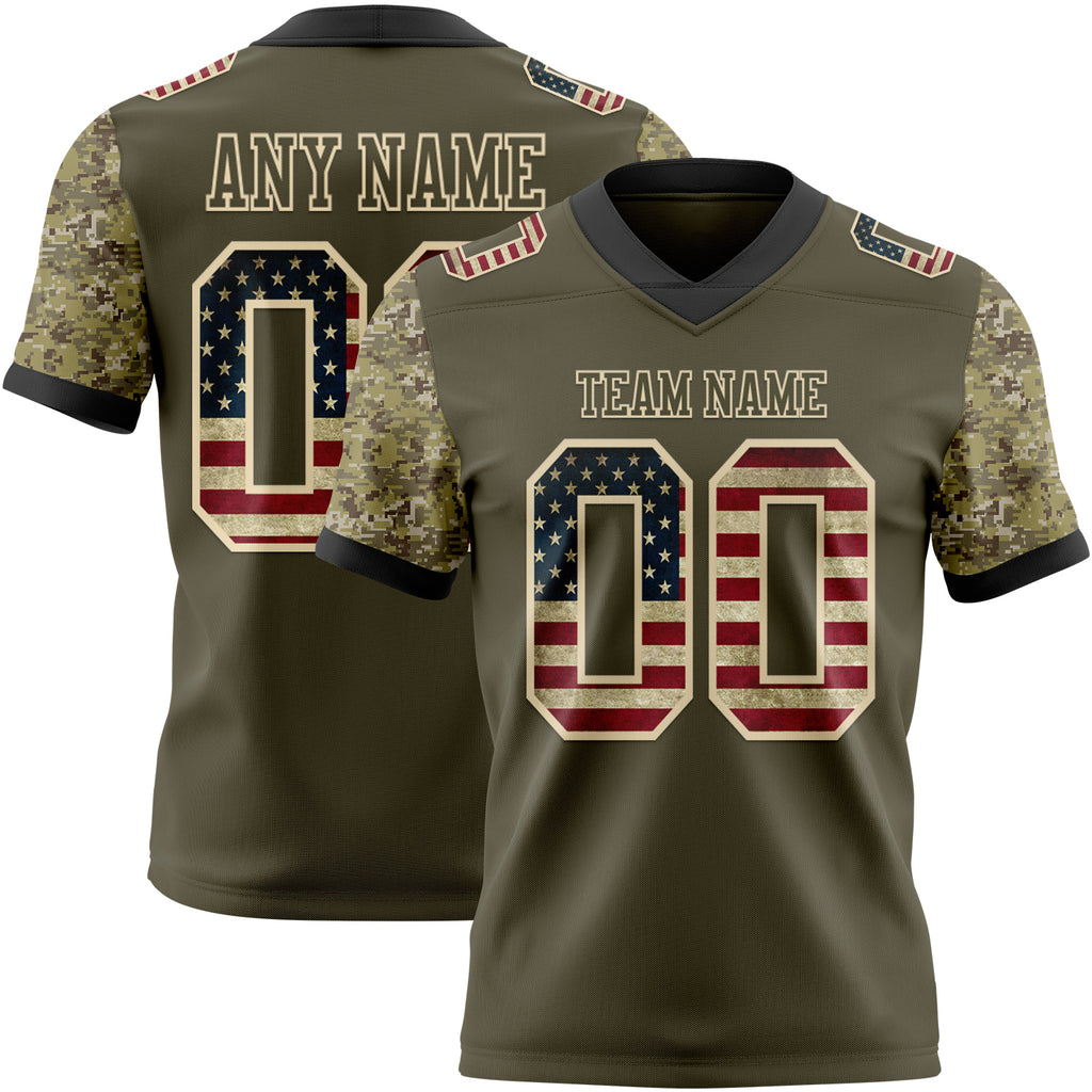 Custom Olive Vintage USA Flag-Cream Authentic Camo Two Tone Salute To Service 7V7 Flag Football Jersey
