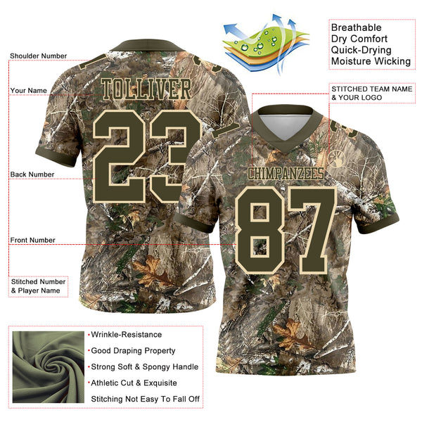 Custom Camo Olive-Cream Authentic Woodland Camouflage Salute To Service 7V7 Flag Football Jersey