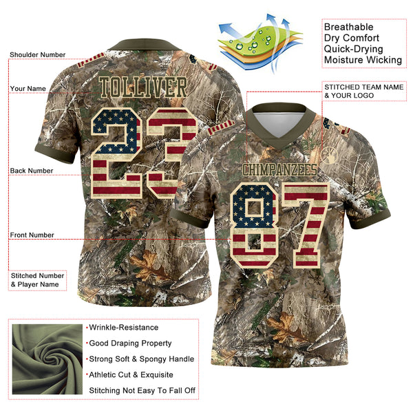 Custom Camo Vintage USA Flag Cream-Olive Authentic Woodland Camouflage Salute To Service 7V7 Flag Football Jersey
