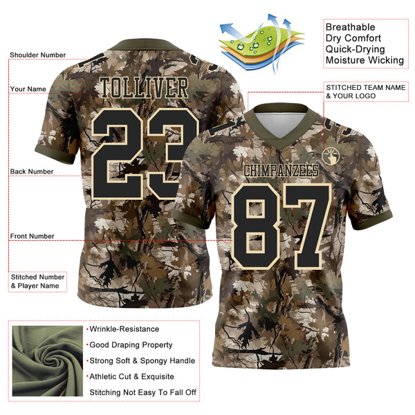 Custom Camo Black Cream-Olive Authentic Woodland Camouflage Salute To Service 7V7 Flag Football Jersey