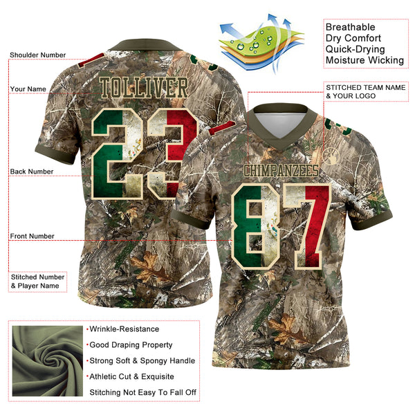 Custom Camo Vintage Mexican Flag Cream-Olive Authentic Woodland Camouflage Salute To Service 7V7 Flag Football Jersey