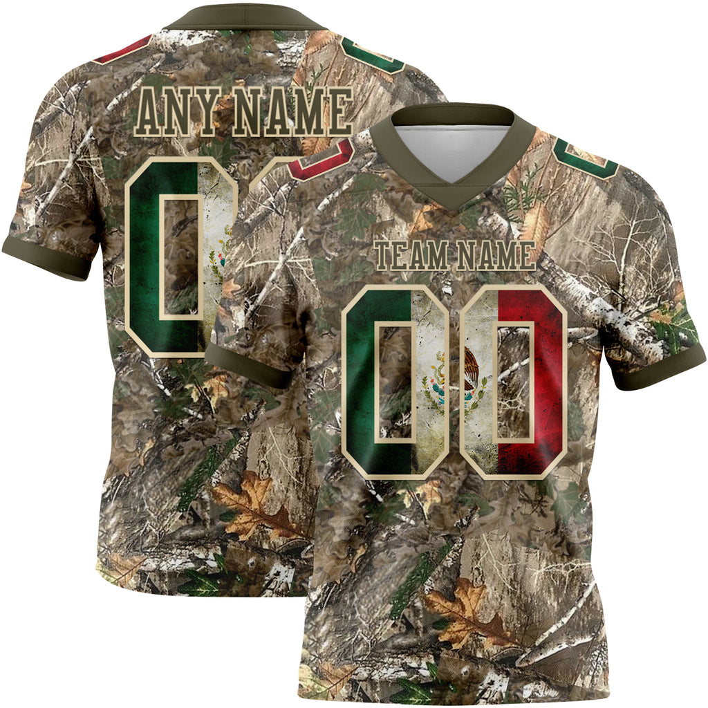 Custom Camo Vintage Mexican Flag Cream-Olive Authentic Woodland Camouflage Salute To Service 7V7 Flag Football Jersey