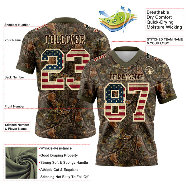 Custom Camo Vintage USA Flag Cream Brown-Olive Authentic Woodland Camouflage Salute To Service 7V7 Flag Football Jersey