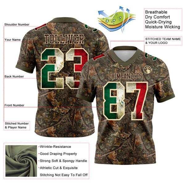 Custom Camo Vintage Mexican Flag Cream Brown-Olive Authentic Woodland Camouflage Salute To Service 7V7 Flag Football Jersey