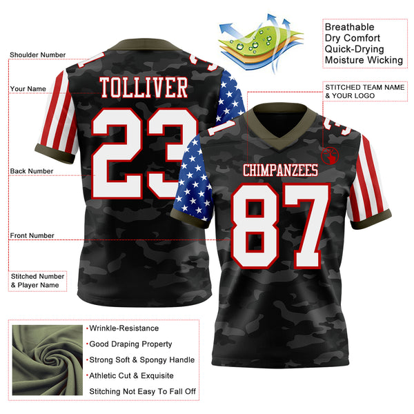Custom Camo White Red-Olive Authentic American Flag Stars And Stripes Two Tone Salute To Service 7V7 Flag Football Jersey
