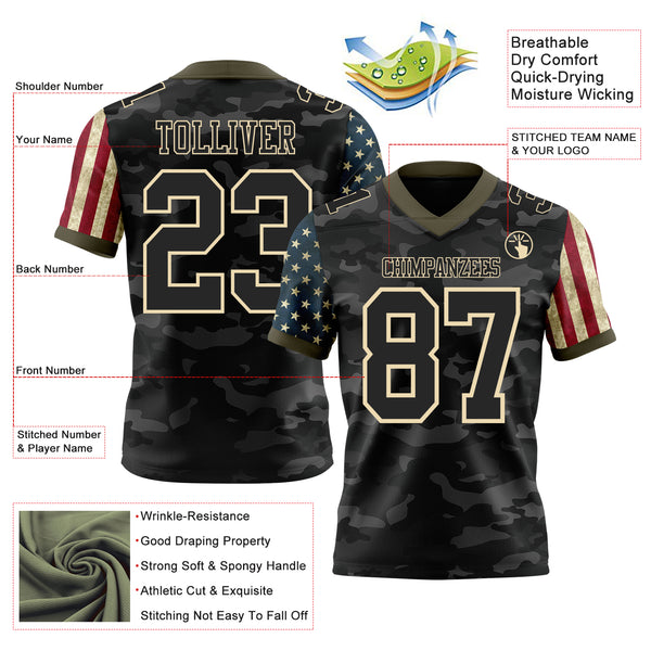 Custom Camo Black Cream-Olive Authentic American Flag Stars And Stripes Two Tone Salute To Service 7V7 Flag Football Jersey
