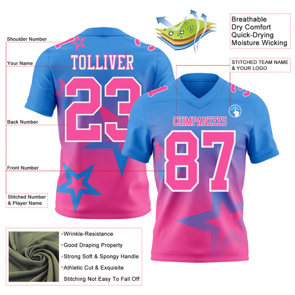 Custom Powder Blue Pink-White Authentic Star Gradient 7V7 Flag Football Jersey