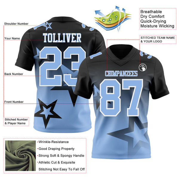 Custom Black Light Blue-White Authentic Star Gradient 7V7 Flag Football Jersey