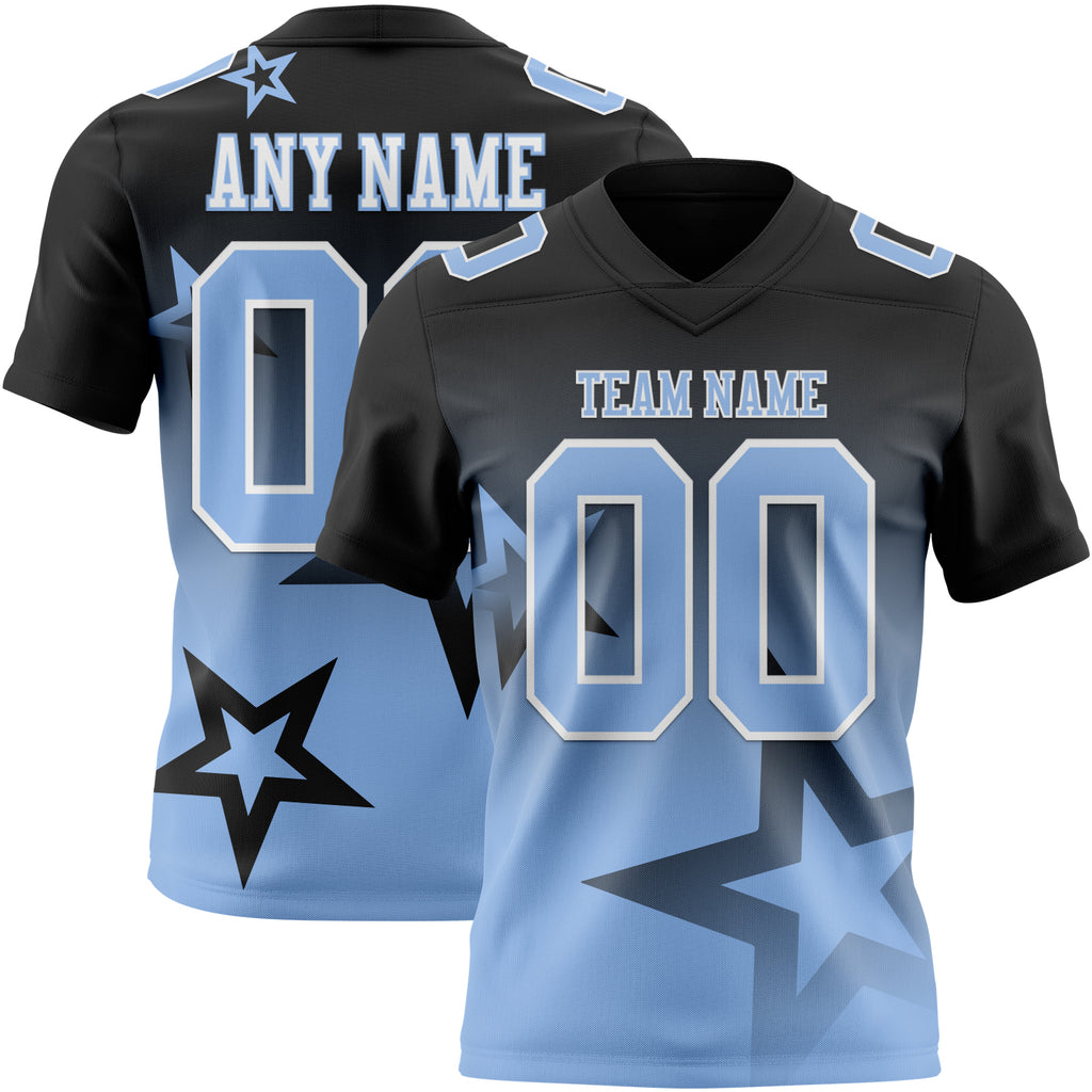 Custom Black Light Blue-White Authentic Star Gradient 7V7 Flag Football Jersey