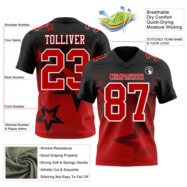 Custom Black Red-White Authentic Star Gradient 7V7 Flag Football Jersey