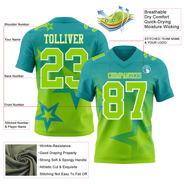 Custom Teal Neon Green-White Authentic Star Gradient 7V7 Flag Football Jersey