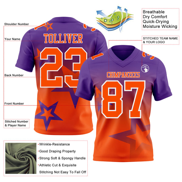 Custom Purple Orange-White Authentic Star Gradient 7V7 Flag Football Jersey
