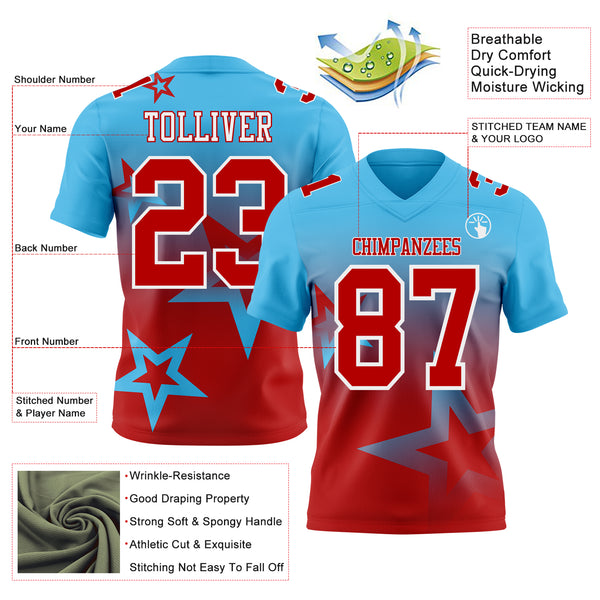 Custom Sky Blue Red-White Authentic Star Gradient 7V7 Flag Football Jersey