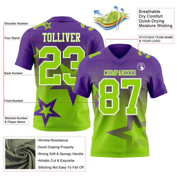 Custom Purple Neon Green-White Authentic Star Gradient 7V7 Flag Football Jersey