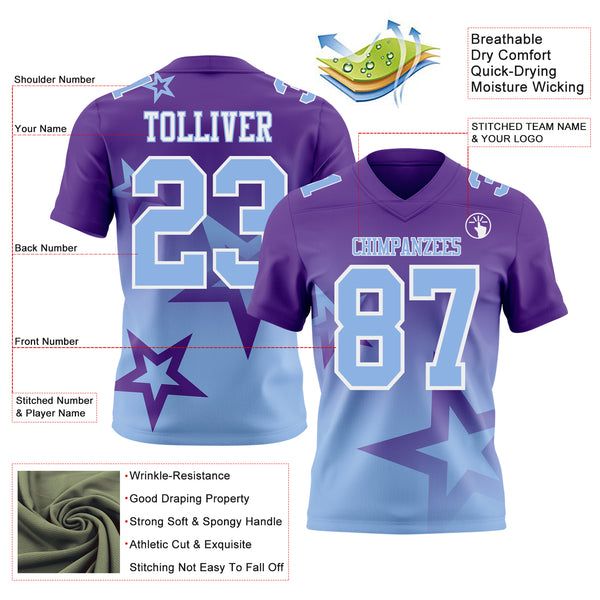 Custom Purple Light Blue-White Authentic Star Gradient 7V7 Flag Football Jersey