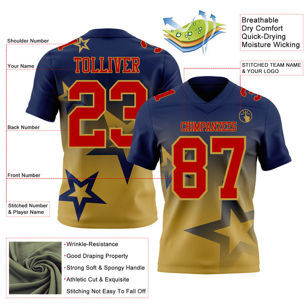 Custom Navy Red-Old Gold Authentic Star Gradient 7V7 Flag Football Jersey