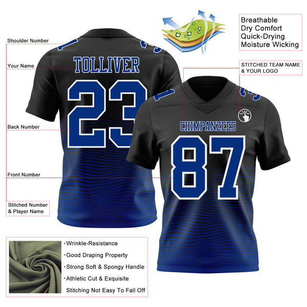 Custom Black Royal-White Authentic Fluid Wave Line Fade 7V7 Flag Football Jersey