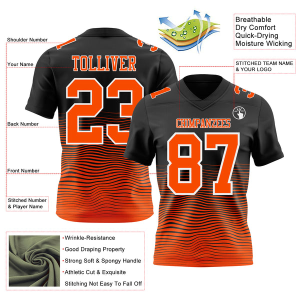 Custom Black Orange-White Authentic Fluid Wave Line Fade 7V7 Flag Football Jersey