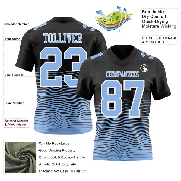 Custom Black Light Blue-White Authentic Fluid Wave Line Fade 7V7 Flag Football Jersey