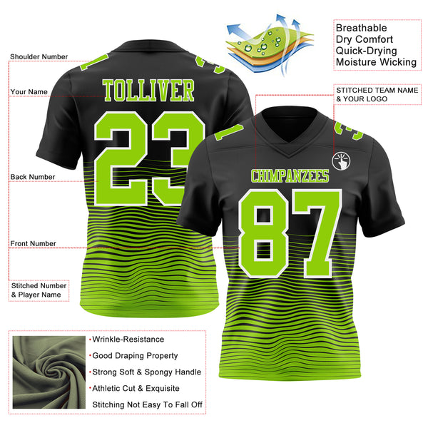 Custom Black Neon Green-White Authentic Fluid Wave Line Fade 7V7 Flag Football Jersey