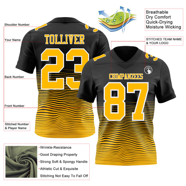 Custom Black Gold-White Authentic Fluid Wave Line Fade 7V7 Flag Football Jersey
