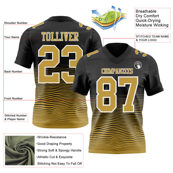 Custom Black Old Gold-White Authentic Fluid Wave Line Fade 7V7 Flag Football Jersey
