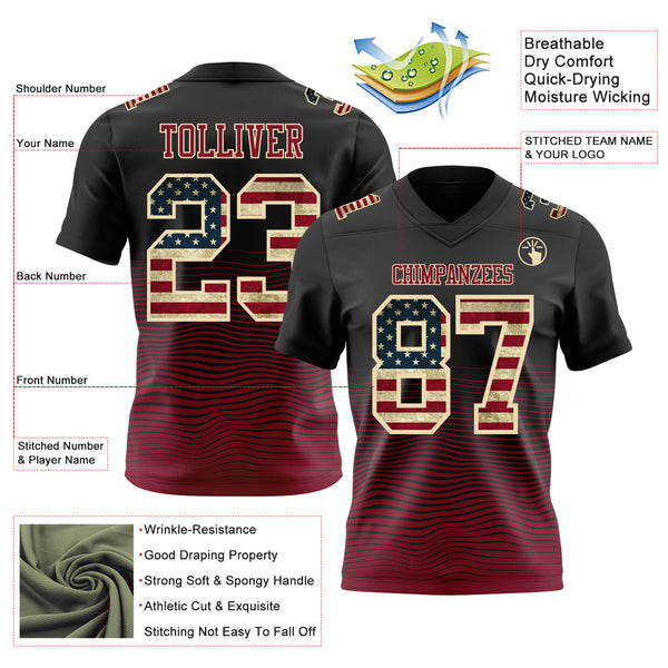 Custom Black Vintage USA Flag Crimson-Cream Authentic Fluid Wave Line Fade 7V7 Flag Football Jersey