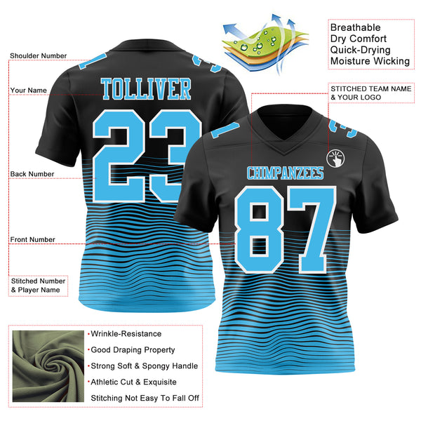 Custom Black Sky Blue-White Authentic Fluid Wave Line Fade 7V7 Flag Football Jersey