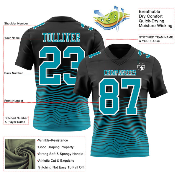 Custom Black Teal-White Authentic Fluid Wave Line Fade 7V7 Flag Football Jersey