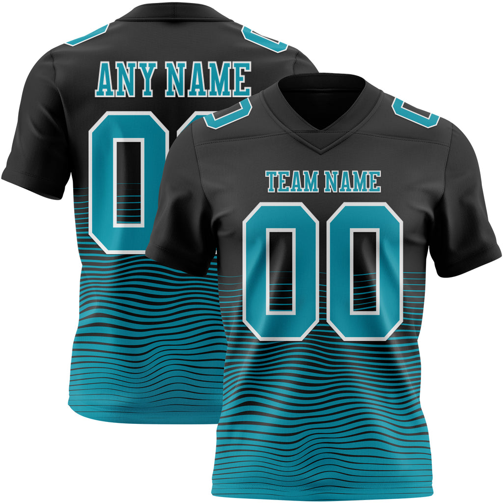 Custom Black Teal-White Authentic Fluid Wave Line Fade 7V7 Flag Football Jersey