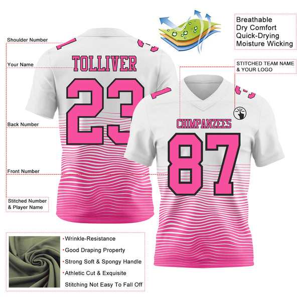 Custom White Pink-Black Authentic Fluid Wave Line Fade 7V7 Flag Football Jersey