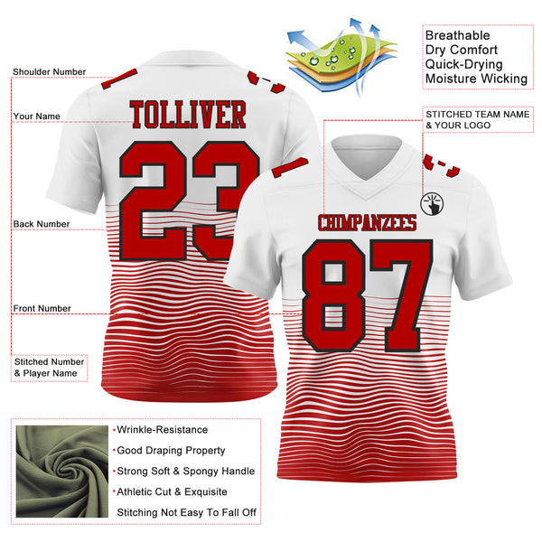 Custom White Red-Black Authentic Fluid Wave Line Fade 7V7 Flag Football Jersey