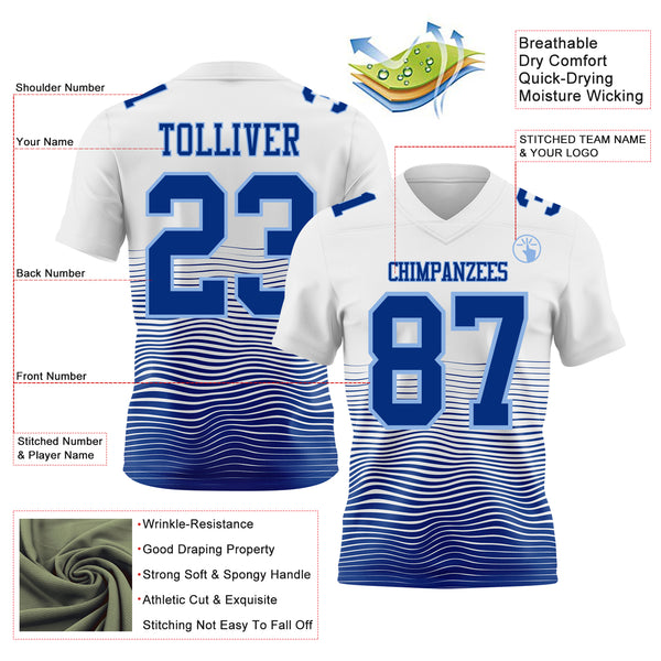 Custom White Royal-Light Blue Authentic Fluid Wave Line Fade 7V7 Flag Football Jersey