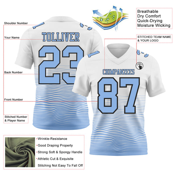 Custom White Light Blue-Black Authentic Fluid Wave Line Fade 7V7 Flag Football Jersey