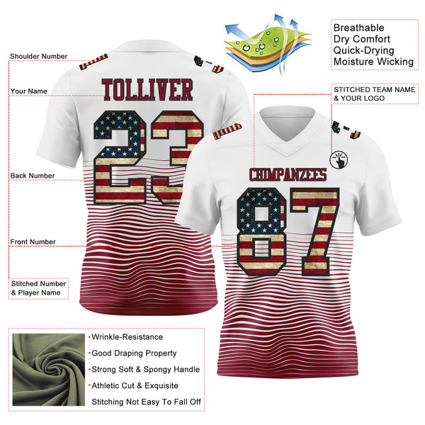 Custom White Vintage USA Flag Crimson-Black Authentic Fluid Wave Line Fade 7V7 Flag Football Jersey