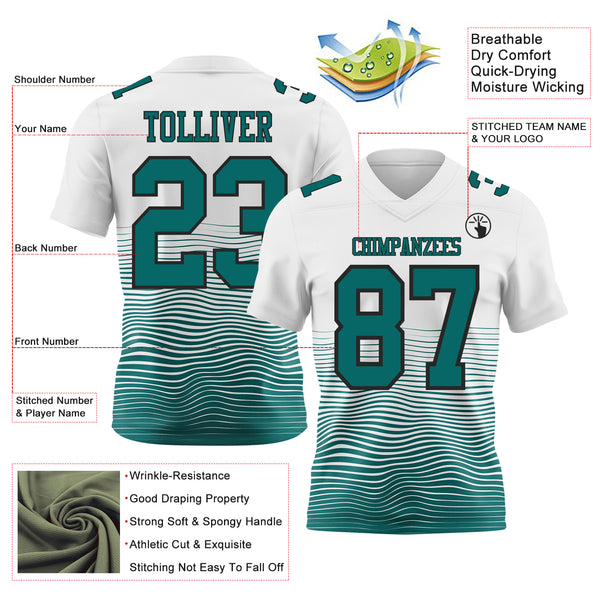 Custom White Teal-Black Authentic Fluid Wave Line Fade 7V7 Flag Football Jersey