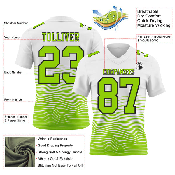 Custom White Neon Green-Black Authentic Fluid Wave Line Fade 7V7 Flag Football Jersey