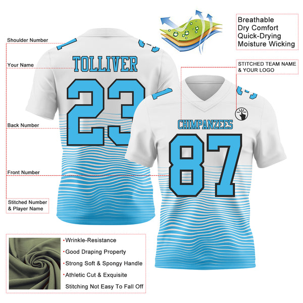Custom White Sky Blue-Black Authentic Fluid Wave Line Fade 7V7 Flag Football Jersey