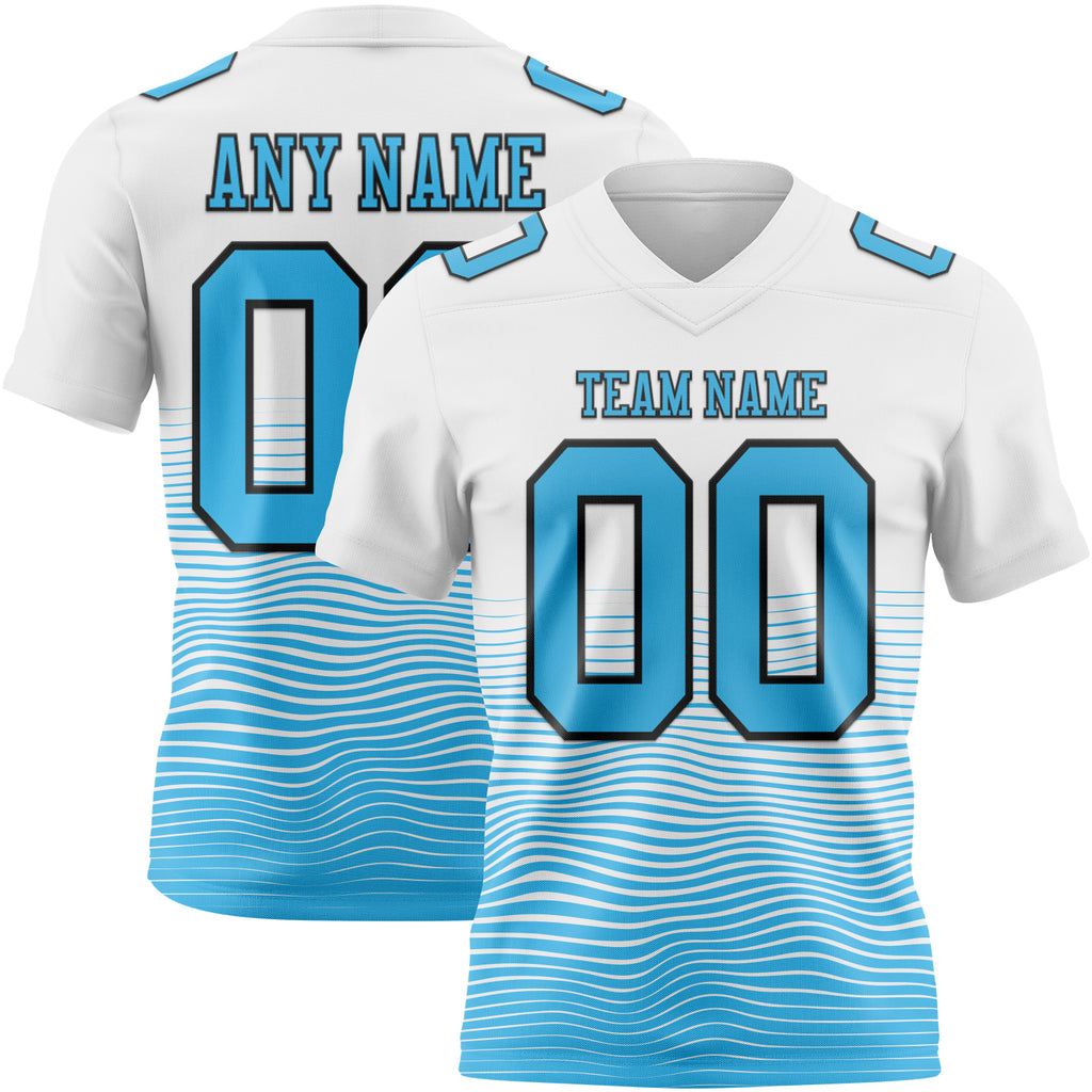 Custom White Sky Blue-Black Authentic Fluid Wave Line Fade 7V7 Flag Football Jersey