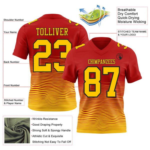 Custom Red Yellow-Black Authentic Fluid Wave Line Fade 7V7 Flag Football Jersey