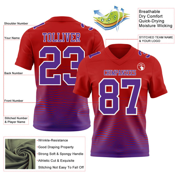 Custom Red Purple-White Authentic Fluid Wave Line Fade 7V7 Flag Football Jersey