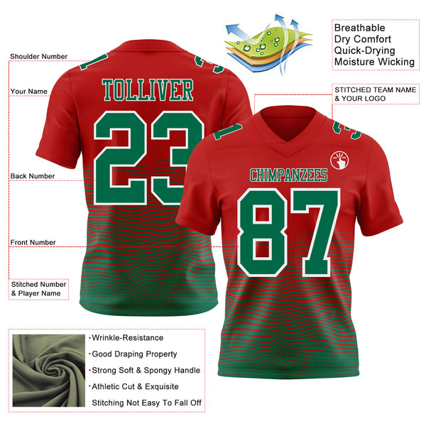 Custom Red Kelly Green-White Authentic Fluid Wave Line Fade 7V7 Flag Football Jersey