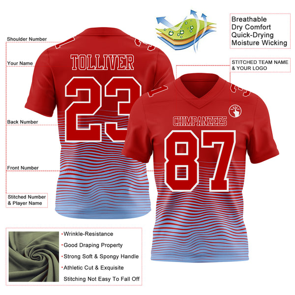 Custom Red Light Blue-White Authentic Fluid Wave Line Fade 7V7 Flag Football Jersey