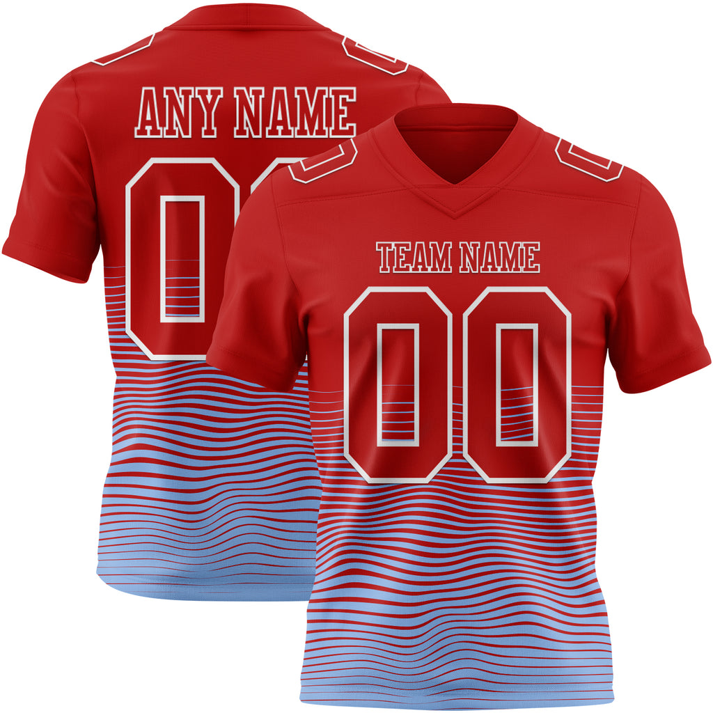 Custom Red Light Blue-White Authentic Fluid Wave Line Fade 7V7 Flag Football Jersey