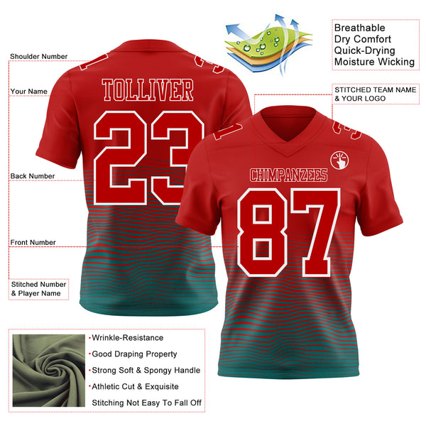 Custom Red Teal-White Authentic Fluid Wave Line Fade 7V7 Flag Football Jersey