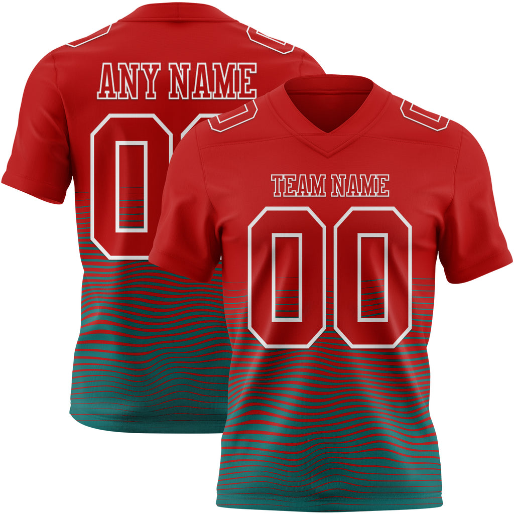 Custom Red Teal-White Authentic Fluid Wave Line Fade 7V7 Flag Football Jersey