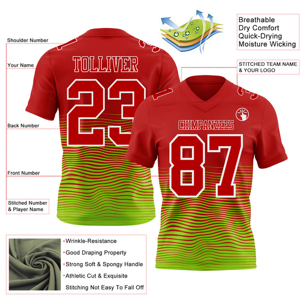 Custom Red Neon Green-White Authentic Fluid Wave Line Fade 7V7 Flag Football Jersey