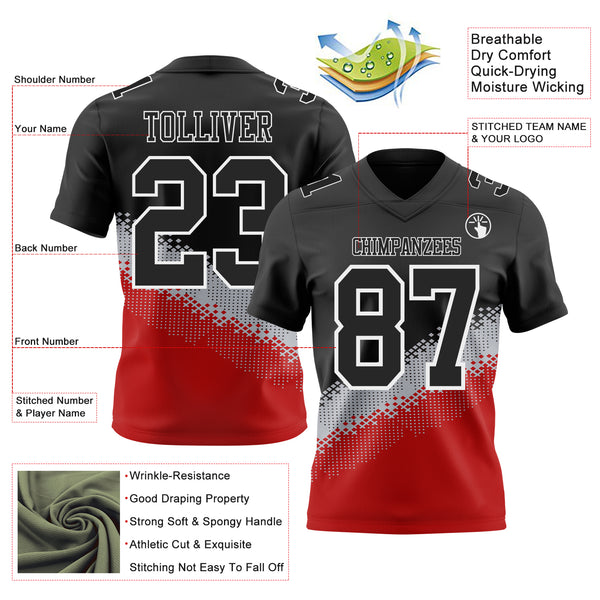 Custom Black Gray Red-White Authentic Geometric Gradient 7V7 Flag Football Jersey