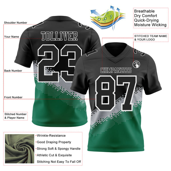 Custom Black Gray Kelly Green-White Authentic Geometric Gradient 7V7 Flag Football Jersey